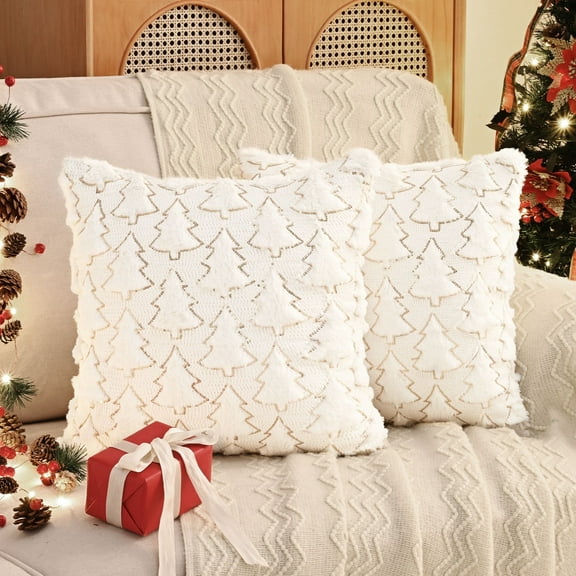 BLEUM CADE Christmas Throw Pillow Covers Set of 2,Xmas Tree Gold Sequin Plush Pillowcases,Cream Color,18 x 18 inches