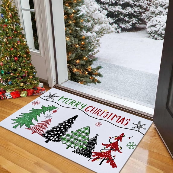 BLEUM CADE Christmas Welcome Mat Winter Holiday Outdoor Doormat,Colorful Christmas Tree Door Mat,Non-slip Low File Mat for Entrance,18 x 30 inches