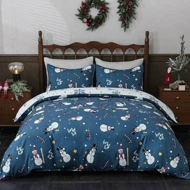BLEUM CADE Duvet Cover and Pillow Covers Christmas Snowman Duvet 3 Piece Bedroom Set Blue Background and White Snowman Printed