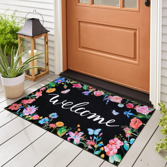 BLEUM CADE Spring Welcome Mat for Outside,Floral Non Slip Outdoor Door Mat,Low Profile Entrance Doormat for Patio
