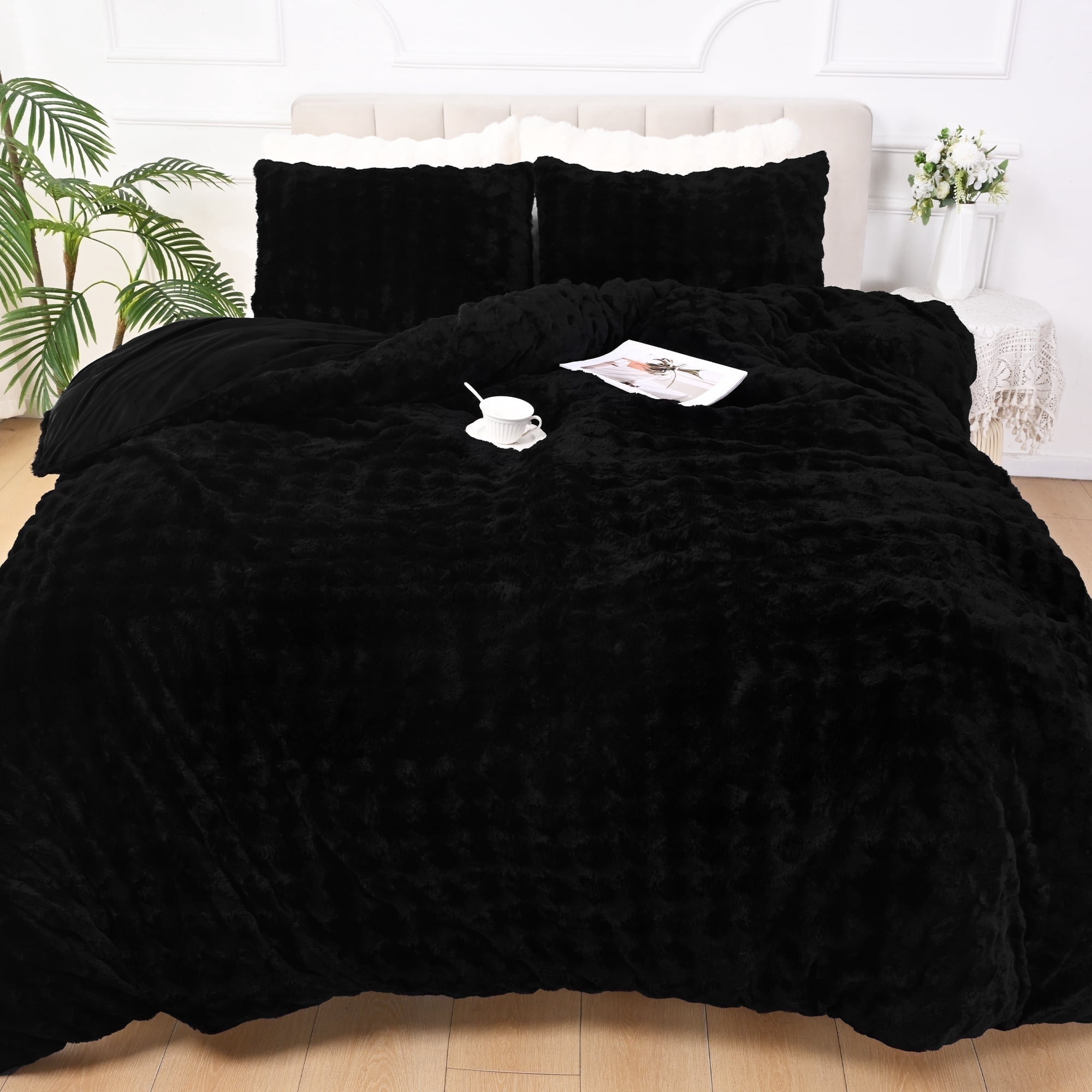 BLEUM CADE Fluffy Duvet Cover Set Queen Size,3 Pieces Soft Shaggy Rabbit Fluff Plush Bedding Comforter Cover Set with 2 Pillowcases,Black