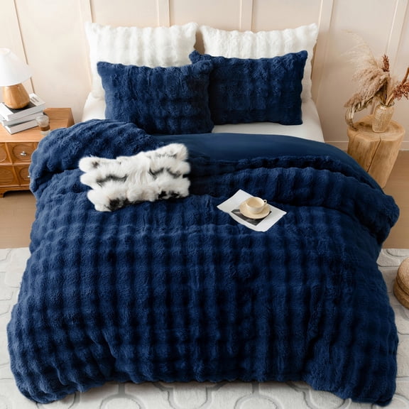 BLEUM CADE Fluffy Duvet Cover Set Twin Size,3 Pieces Soft Shaggy Rabbit Fluff Plush Bedding Comforter Cover Set with 2 Pillowcases,Navy Blue