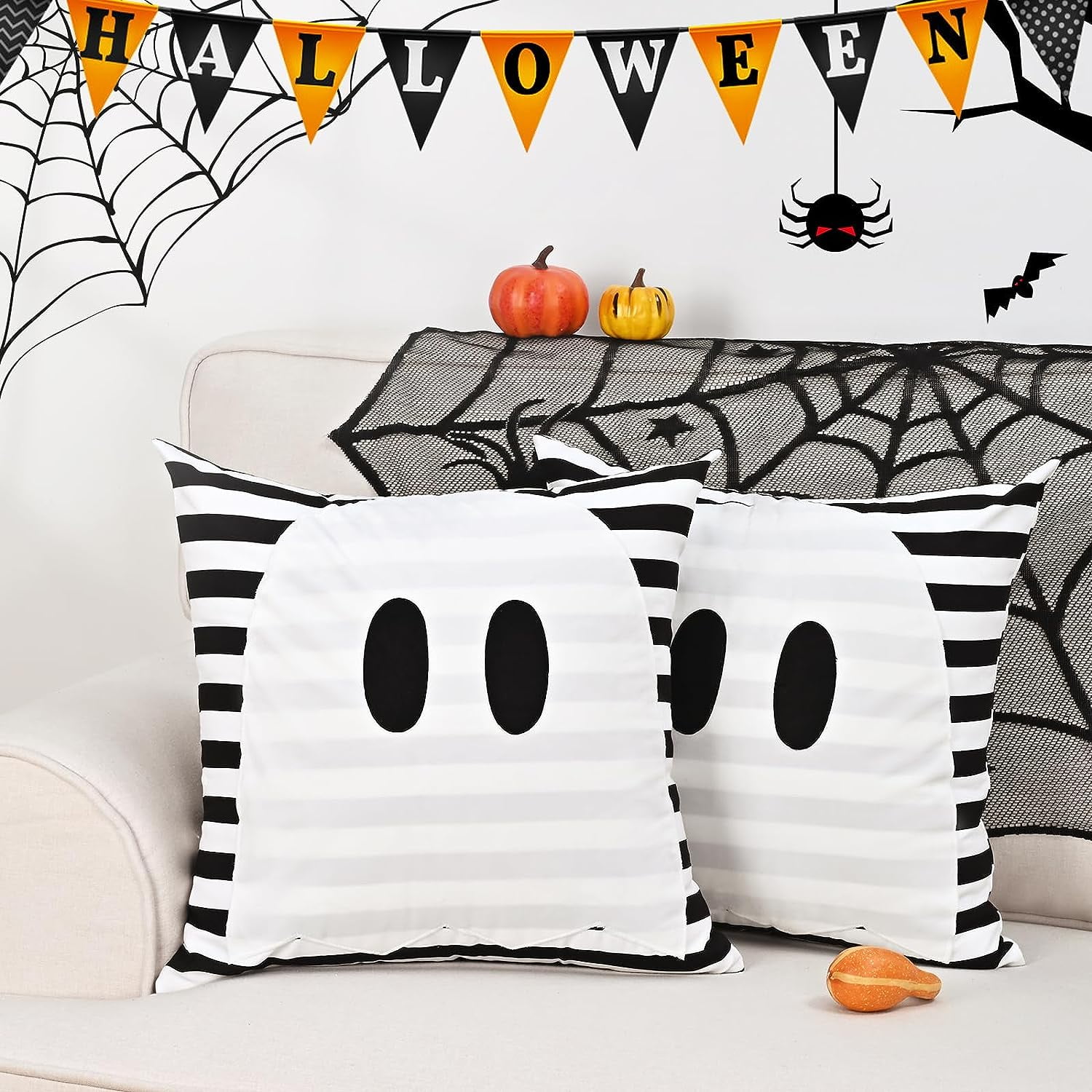 BLEUM CADE Halloween Pillow Covers, 2 Pack Black and White Striped Throw Pillow Covers,Ghost