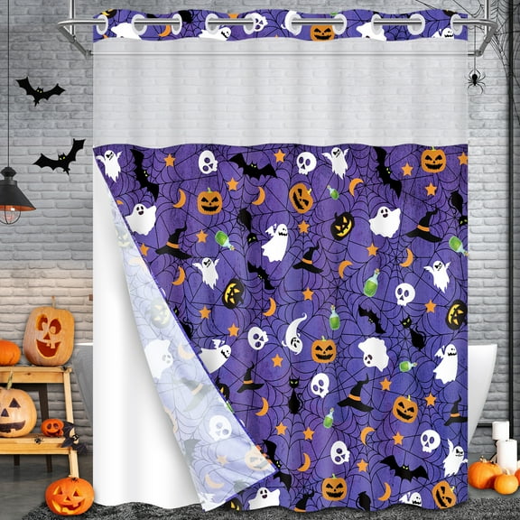 BLEUM CADE Halloween Shower Curtain with Liner,No Hooks Purple Bathroom Shower Curtain,71" x 74"