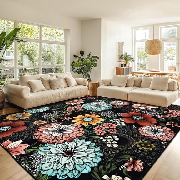 BLEUM CADE 8'x10' Boho Floral Area Rugs for Living Room,Machine Washable Rug, Non-Slip Low-Pile Soft Carpet for Bedroom, Dining Room Office