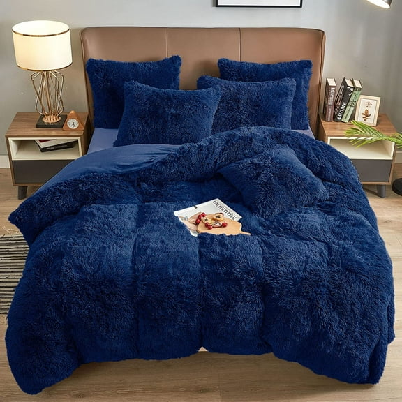 BLEUM CADE Luxury Fluffy Fuzzy King Bedding Comforter Set,4 Pieces Shaggy Duvet Cover Set,Furry Plush Velvet Comforter Cover with Zip Closure,Queen,Navy Blue