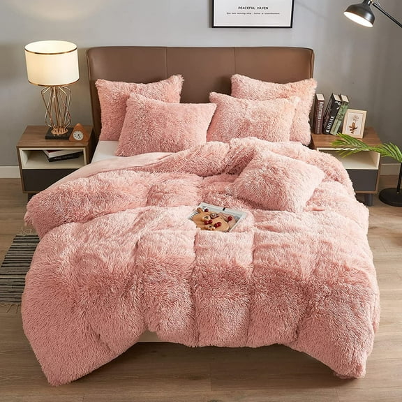 BLEUM CADE Luxury Fluffy Fuzzy Queen Bedding Comforter Set,4 Pieces Shaggy Duvet Cover Set,Furry Plush Velvet Comforter Cover with Zip Closure,Pink