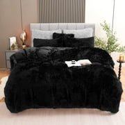 BLEUM CADE Luxury Fluffy Fuzzy Queen Bedding Comforter Set,3 Pieces Shaggy Duvet Cover Set,Furry Plush Velvet Comforter Cover with Zip Closure,Queen,Black