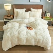 BLEUM CADE Luxury Fluffy Fuzzy Queen Bedding Comforter Set,4 Pieces Shaggy Duvet Cover Set,Furry Plush Velvet Bed Comforter Cover with Zip Closure,Queen,Creamy-