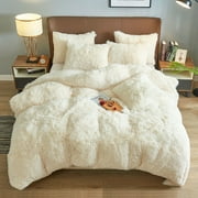 BLEUM CADE Luxury Fluffy Fuzzy Queen Bedding Comforter Set,4 Pieces Shaggy Duvet Cover Set,Furry Plush Velvet Bed Comforter Cover with Zip Closure,Queen,Creamy-White