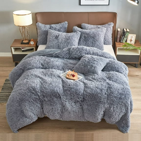 BLEUM CADE Luxury Fluffy Fuzzy Queen Bedding Comforter Set?4 Pieces Shaggy Duvet Cover Set?Furry Plush Velvet Comforter Cover with Zip Closure?Queen?Light Grey