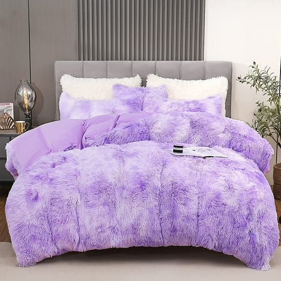 BLEUM CADE Luxury Fluffy Fuzzy Twin Bedding Comforter Set,3 Pieces Shaggy Duvet Cover Set,Furry Plush Velvet Comforter Cover with Zip Closure,Twin,Light Purple