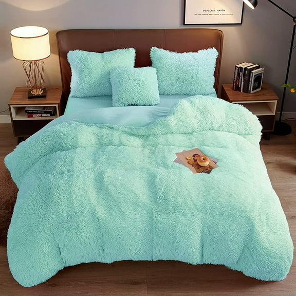 BLEUM CADE Luxury Fluffy Fuzzy Twin Bedding Comforter Set,3 Pieces Shaggy Duvet Cover Set,Furry Plush Velvet Comforter Cover with Zip Closure,Twin,Green