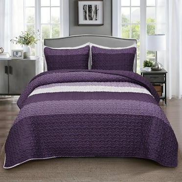 BLEUM CADE Reversible 3 Piece Twin Quilt Set with 2 Shams,Purple Lightweight Bedspread for All-Season,Handblock Striped Quilt Coverlet for Twin Bed