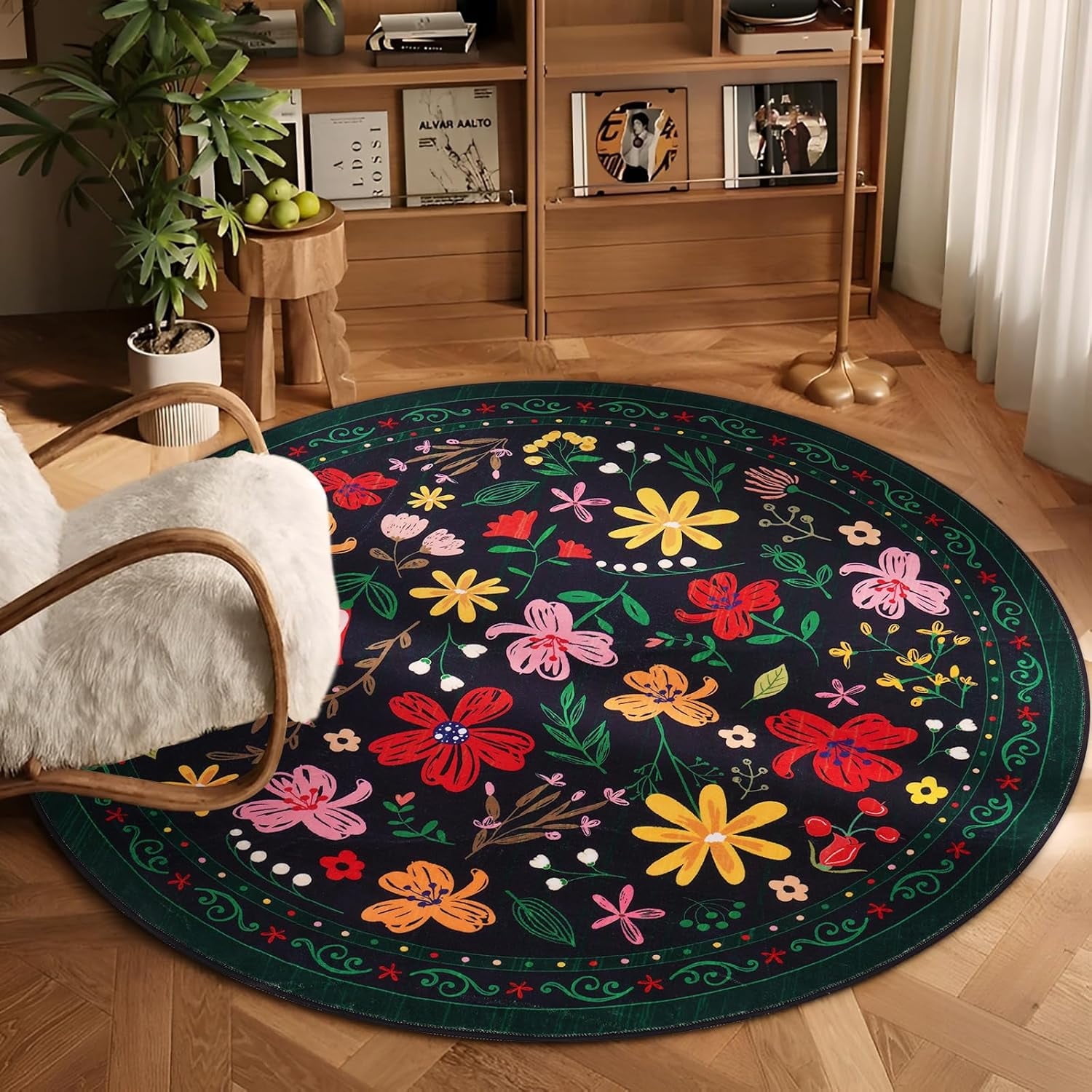 BLEUM CADE Round Area Rug for Bedroom,Flower Spring Rug Machine Washable Soft Carpet for Kids,Black,4x4 ft