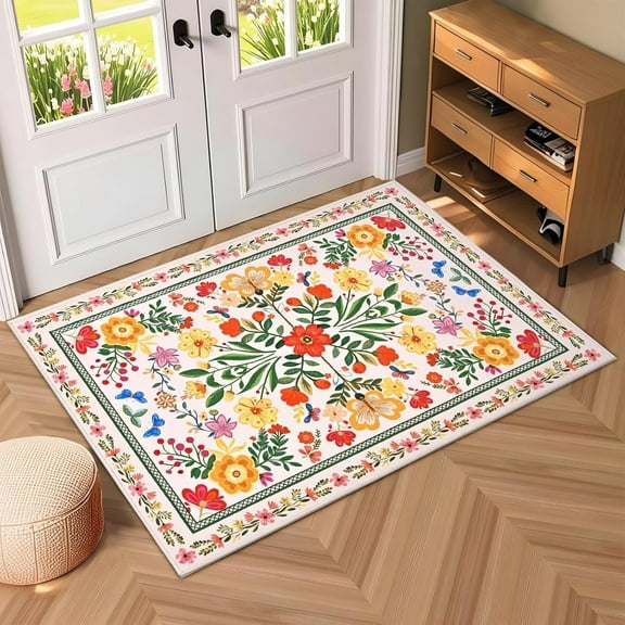Bleum Cade Area Rugs for Doormat 2X3,Spring Boho Floral Rug, Machine Washable Non Slip Welcome Mat, Low Pile Carpet for Entryway, Kitchen, Front Door Indoor Entrance,Beige