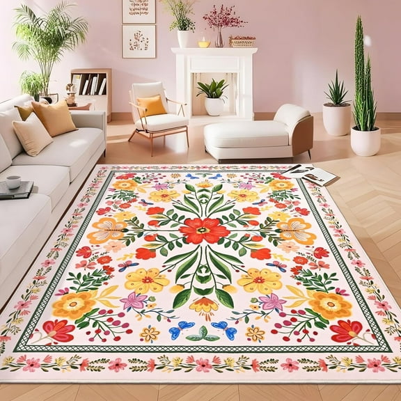 Bleum Cade 5'x7' Area Rugs for Living Room, Boho Floral Rug Ultra Soft Washable Rugs for Bedroom, Anti Slip Durable Carpet Home Decor for Dining Room,Beige