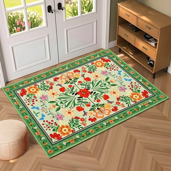 Bleum Cade Area Rugs for Doormat 2X3,Spring Boho Floral Rug, Machine Washable Non Slip Welcome Mat, Low Pile Carpet for Entryway, Kitchen, Front Door Indoor Entrance,Green