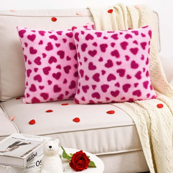 BLEUM CADE Valentine's Day 2 Pcak Throw Pillow Covers 18 x 18 inches,Soft Plush Heart Pillow Covers for Sofa,Valentine Decor Cushion Covers for Home Decorations