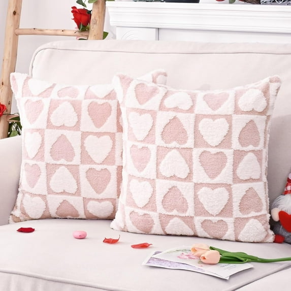BLEUM CADE Valentine's Day Plaid Throw Pillow Covers 18 x 18 Set of 2,Pink Love Heart Faux Fur Pillows for Couch Sofa,Soft Pillowcases for Home Decorations