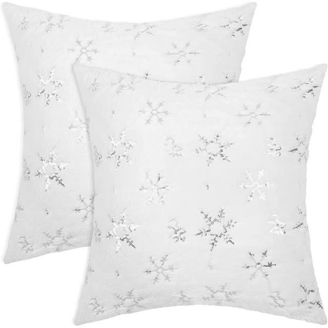 BLEUM CADE White Christmas Pillow Covers，Plush Snowflakes Sequins