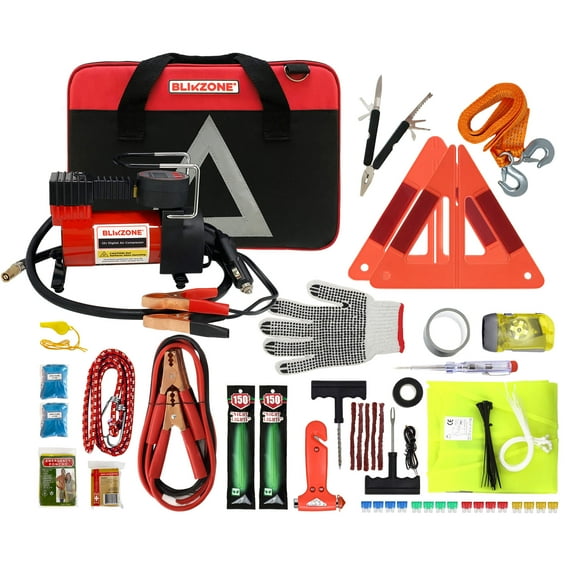 BLIKZONE Auto Roadside Emergency Car Kit - Red with Digital Compressor