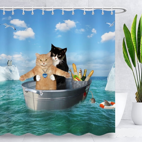 BLINGPAINTING Cat Shower Curtain Funny Cute Pet Kitten in Ocean Waterproof Fabric Shower Curtains with Hooks