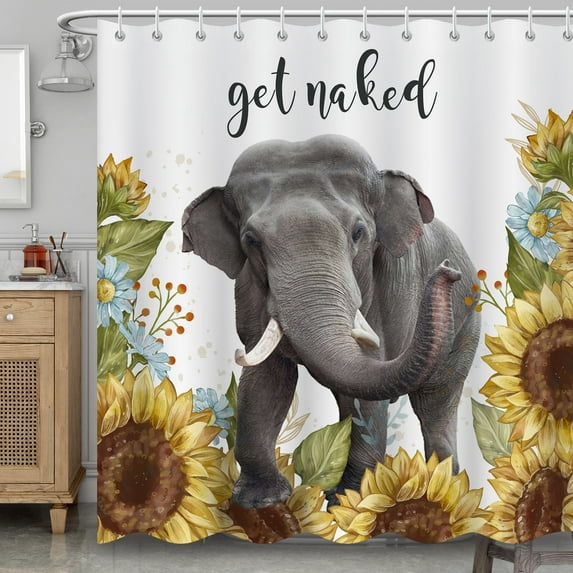 BLINGPAINTING Elephant Shower Curtain, Elephants Walking in Sunflower Flowers Animals Farmhouse Floral Bathroom Decor