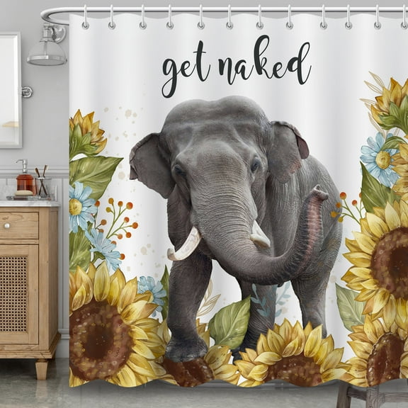 BLINGPAINTING Elephant Shower Curtain Elephants Walking in Sunflower Flowers Animals Farmhouse Floral Shower Curtains
