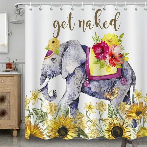 BLINGPAINTING Elephant Shower Curtain Rustic Farmhouse Yellow Sunflowers African Wild Animal Shower Curtains Fabric Bathroom Decor