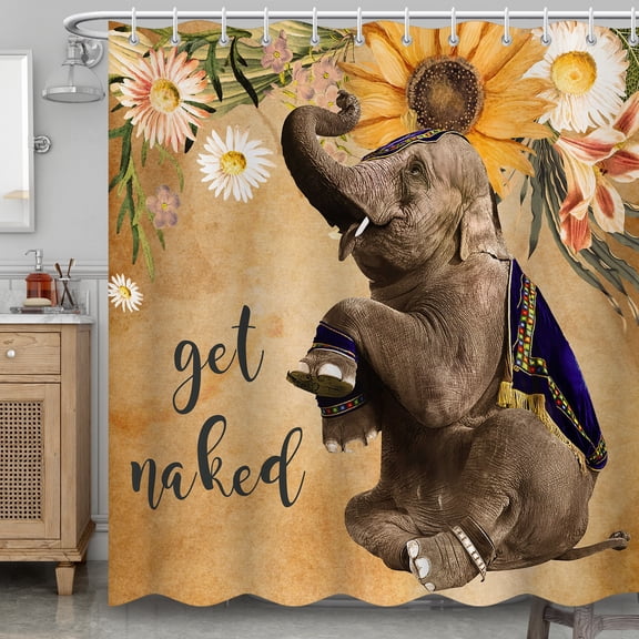 BLINGPAINTING Elephant Sunflower Shower Curtatin Vintage Floral Get Naked Elephants Shower Curtains Waterproof Fabric Decorative