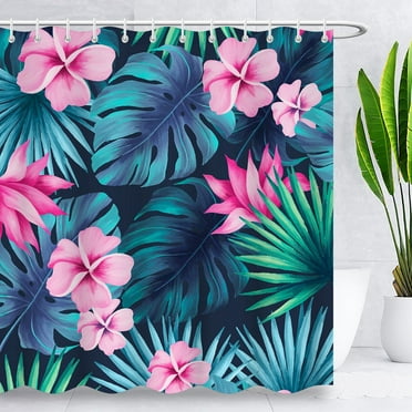BLINGPAINTING Flower Shower Curtain Tropical Palm Leaf Washable Fbric with Hooks 36"Wx72"H