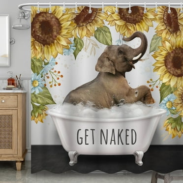 BLINGPAINTING Funny Elephant Shower Curtain Cute Sunflowers Elephants Bubble in Bathtub Bathing Shower Curtains for Animals Bathroom Decor