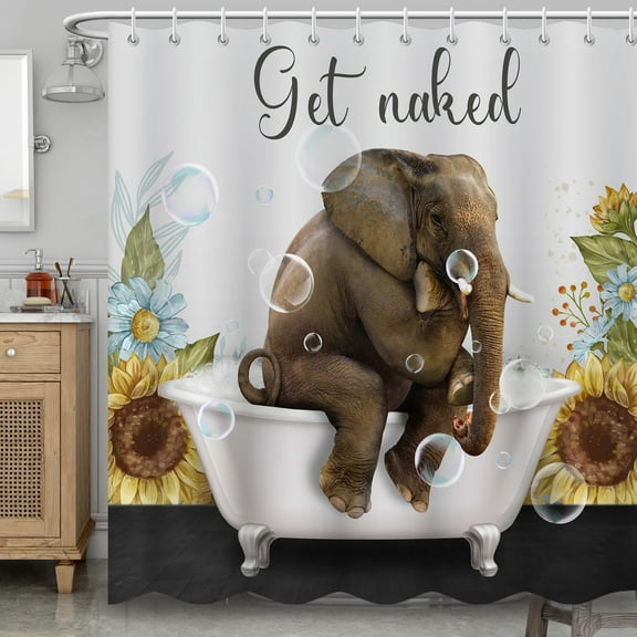 BLINGPAINTING Funny Elephant Shower Curtain Sunflowers Get Naked Bathing Animal Bubbles Bathtub Bathroom Curtains Decor