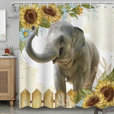 BLINGPAINTING Funny Elephant Shower Curtain Yellow Sunflower Get Naked Cute Elephant Shower Curtains with Hooks