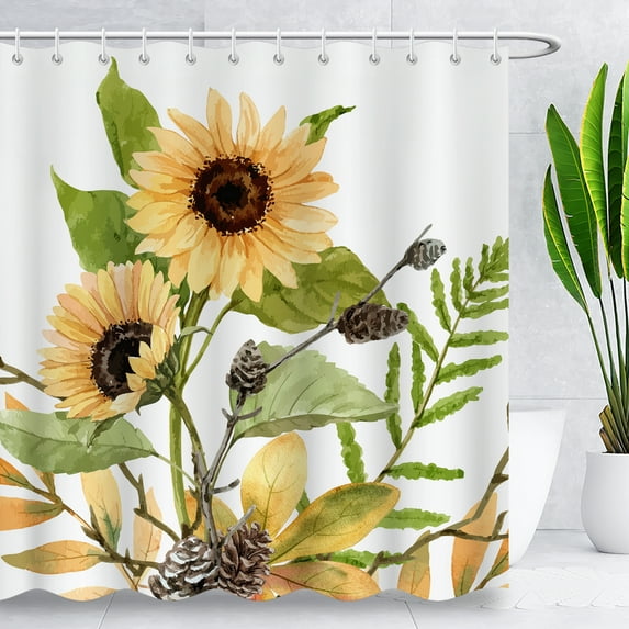 BLINGPAINTING Sunflower Shower Curtain Farmhouse Rustic Floral Yellow Flowers Green Leaves Watercolor Nature Plant Waterproof  Fabric Shower Curtains for Bathroom Home Decor 36"Wx72"H