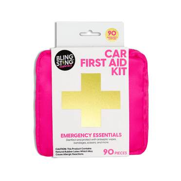 BLINGSTING Car First Aid Kit - 90 Pieces Included, Pink, 1 Count, 5 in x 5 in 2 in