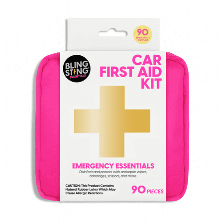 BLINGSTING Car First Aid Kit - 90 Pieces Included, Pink, 1 Count, 5 in x 5 in 2 in