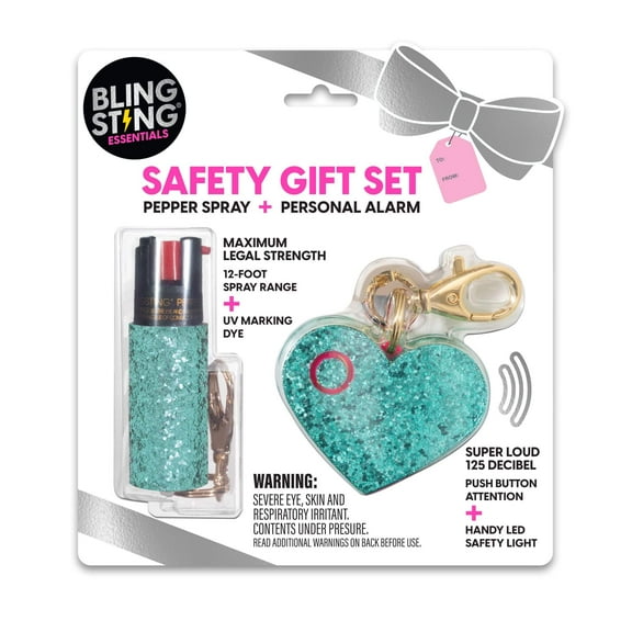 BLINGSTING Essentials Personal Gift Set with Pepper Spray & Safety Alarm for Women, 0.5 oz, Mint Glitter
