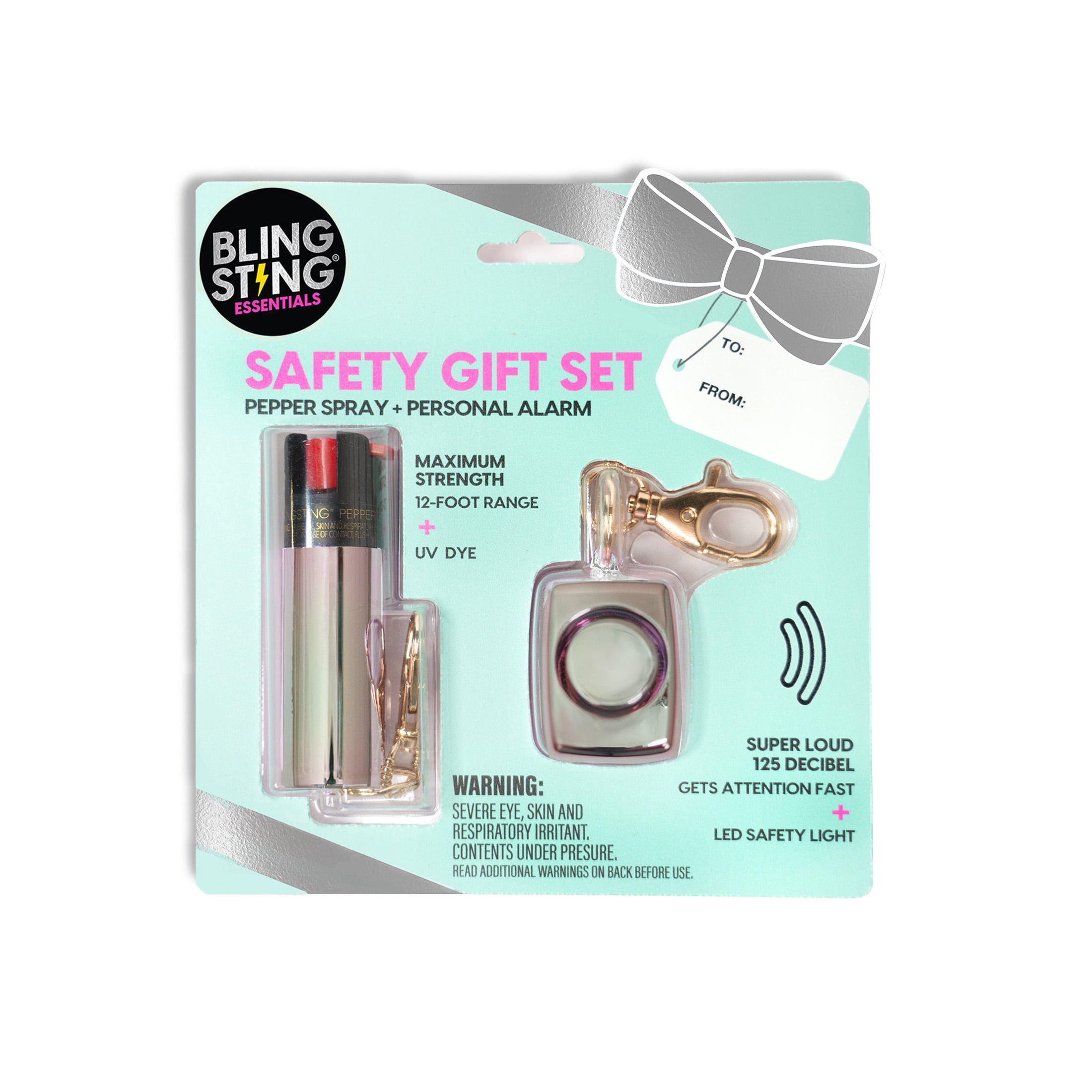 BLINGSTING Essentials Safety Gift Set with Pepper Spray & Safety Alarm, 1 Count, Silver Holographic