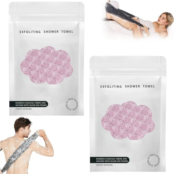 BLISALI Exfoliating Shower Towel 47",Premium Scrub Wash Cloth for Body Face, Exfoliating Washcloth for Men and Woman, Quick Drying Durable-Body Scrubber with 2 Sides(Pink,2Pcs)