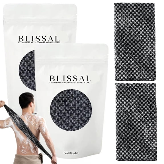 BLISSAL Deep Cleansing and Exfoliating Bath Towel | Extra-long exfoliating scrub cloth, suitable for both men and women, for easy cleaning of the back and entire body.(Black,2PC)