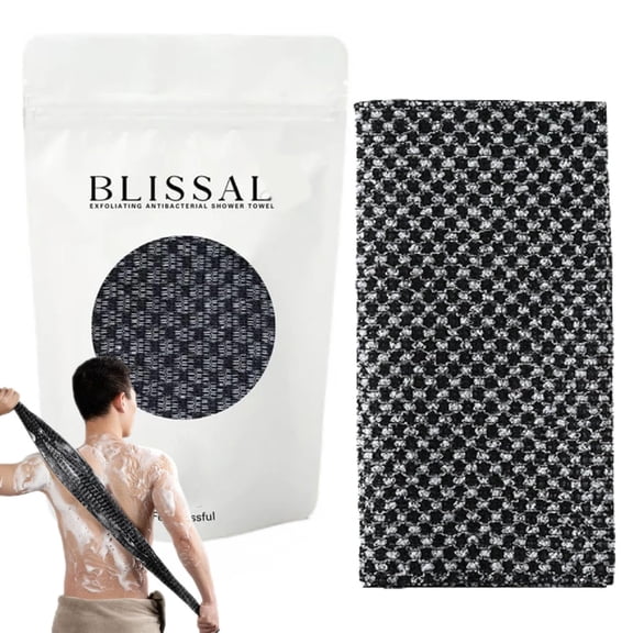 BLISSAL Long Exfoliating Bath Towel | Double-sided 2-in-1, suitable for face and body. Gently exfoliates and removes dead skin cells. A unisex bath essential for all skin types. (Black 1PC)