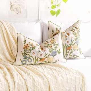 BLISSBLUSH Farmhouse Floral Linen Lumbar Pillow Cover 12X20, Embroidery Lumbar Pillow Cover, ((COVER ONLY)
