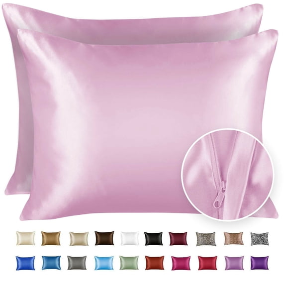 BLISSFORD Satin Pillowcase with Zipper, for Hair and Skin Care, Feels Soft and Cool Like a Silk Pillowcase, Satin Pillow Cases 2 Pack, Silk Pillow Cover, Pink - Queen Size, Set of 2