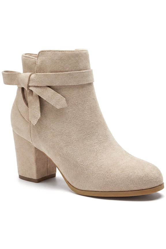 Ankle Booties Side Bow Decor Round Toe Chunky Heel Ankle Boots for Women Beige 8.5