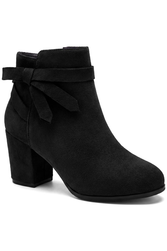 Ankle Booties Side Bow Decor Round Toe Chunky Heel Ankle Boots for Women Black 7.5