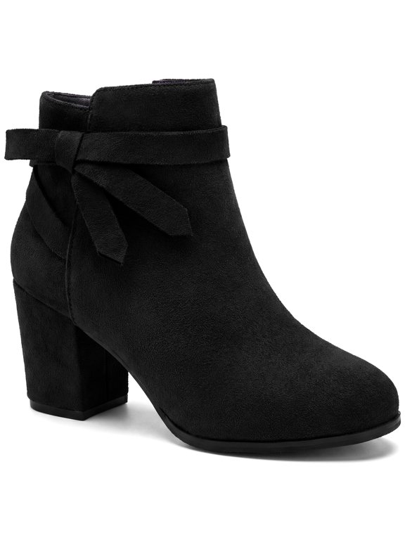 Ankle Booties Side Bow Decor Round Toe Chunky Heel Ankle Boots for Women Black 9