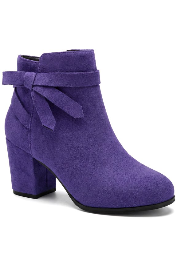 Ankle Booties Side Bow Decor Round Toe Chunky Heel Ankle Boots for Women Purple 8.5