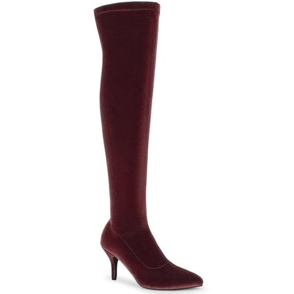 BLISSFUL STEP Faux Velvet Pointed Toe Stiletto Heels Over the Knee High Boots for Women Burgundy 11